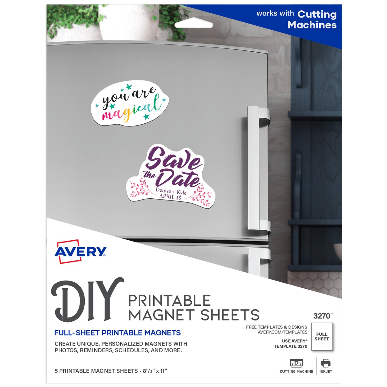 Avery Printable Magnet Sheets, 8.5" x 11", Inkjet Printer, 5 White Magnetic Sheets with Adhesive (3270)